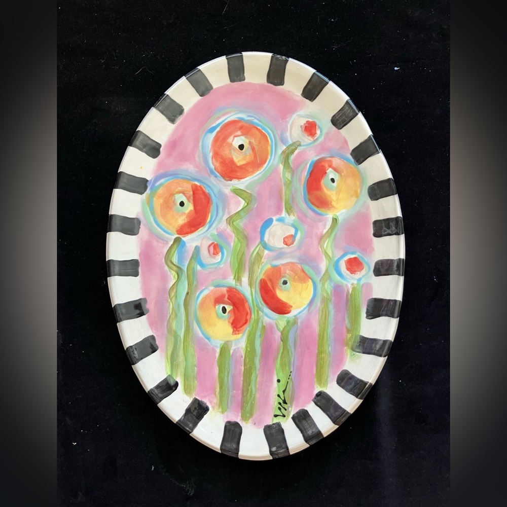 Poppies On Pink”Handmade Ceramic Original Oval Tray 13”x10” Original